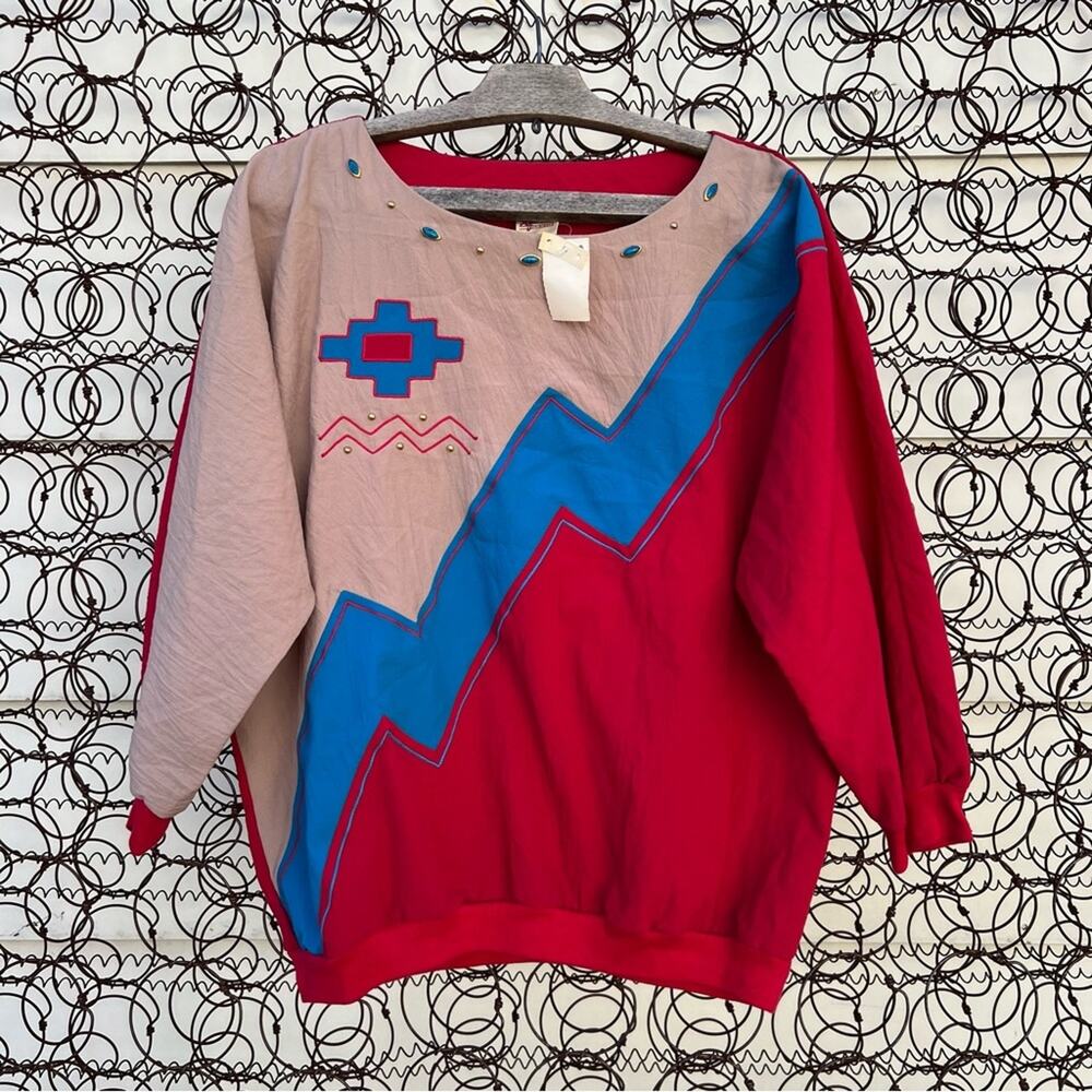 Vintage 80s Aztec southwestern colorblock embroidered windbreaker batwing blouse